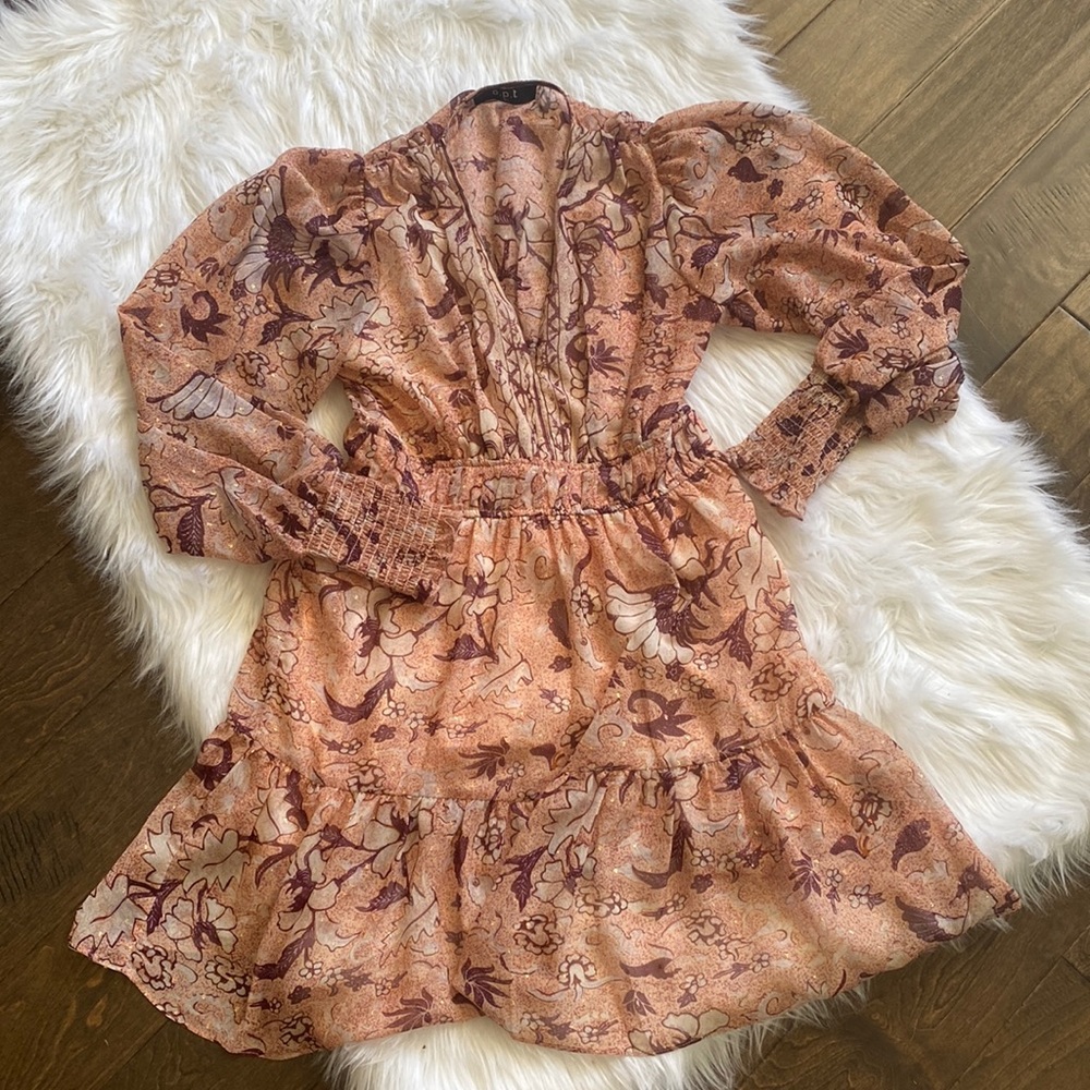 o.p.t long sleeve pink V-neck dress, poofy sleeves, side zipper - Size Small